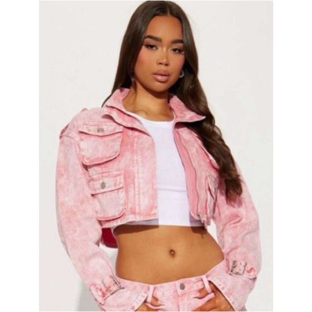 FASHION NOVA | NEW Billie Cropped Pink Denim Cargo Jacket Women's Size 2X-Large